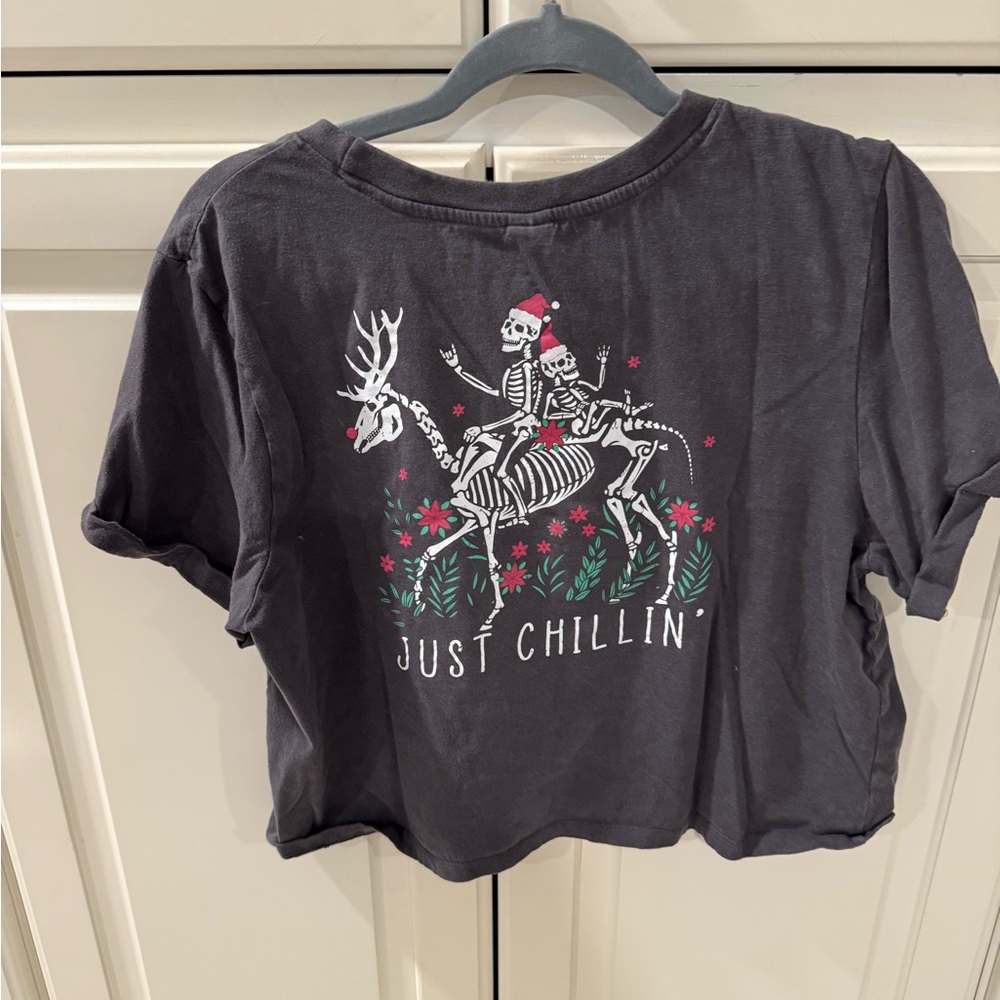 Electric Pink Black Crop Top with Skeleton Graphic